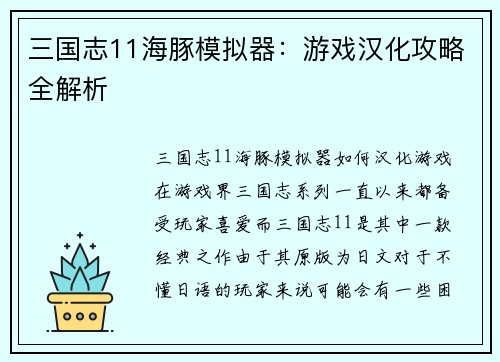 三国志11海豚模拟器：游戏汉化攻略全解析